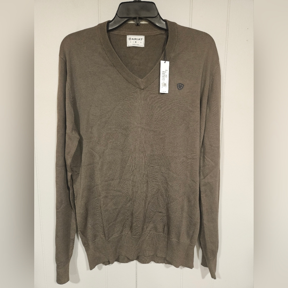 Ariat Aries Sweater Mens Crew V-Neck 10028667 Green Cotton Blend Dark Olive NWT